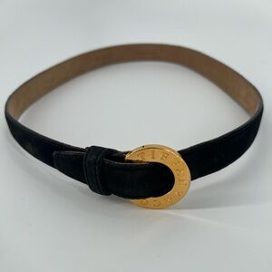 Tiffany & Co. Gold Round Logo Engraved Black Suede Belt Size 26